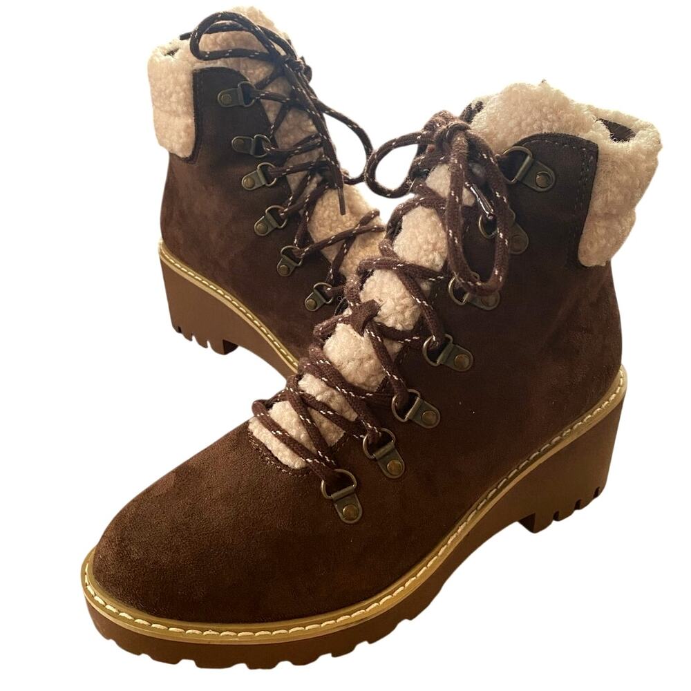 Corkys Hey Girl Womens Ankle Booties 9 Brown Faux Suede Sherpa Cuff Lace Up